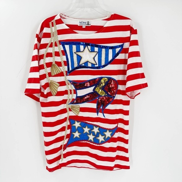 Sail Away Red & White Striped Embroidered Sequin Knit Top Women's Size Medium - Picture 1 of 11